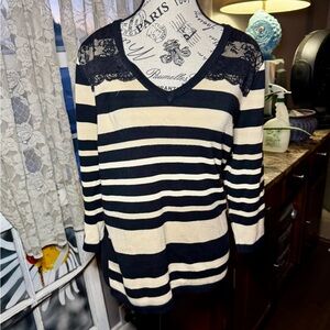 Lane Bryant Cream and Black V-Neck Sweater with Striped Design
